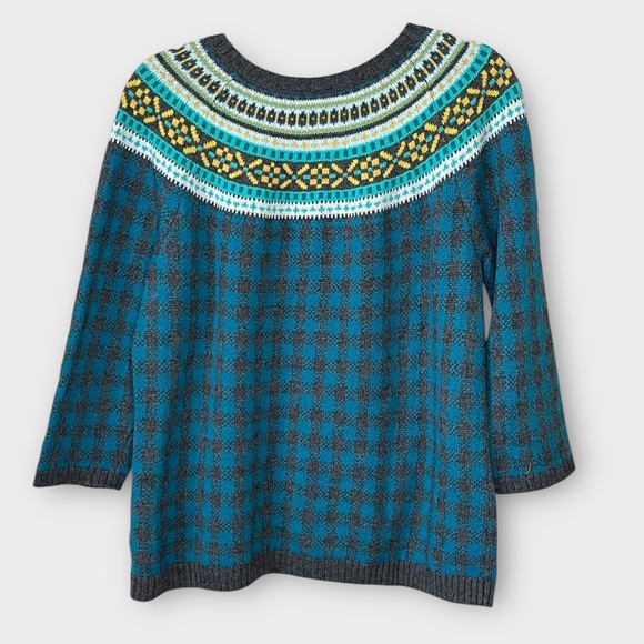 TALBOTS Wool Blend Nordic Print & Plaid Crewneck Sweater Size XL Petite blue - Picture 3 of 5